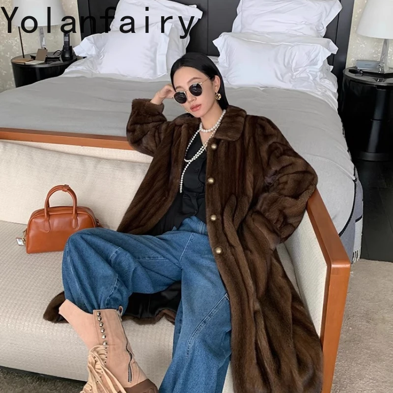 YOLANFAIRY mantel bulu mink beludru utuh yang telah diolah sepenuhnya untuk musim gugur dan musim dingin, mantel bulu berkerah persegi tebal berlengan panjang шуба женская2025