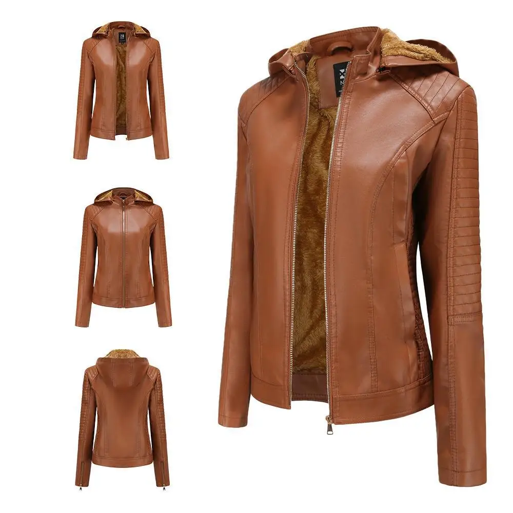 Abrigo corto con capucha de cuero con forro polar para mujer, chaqueta informal cálida, estilo europeo americano, talla grande
