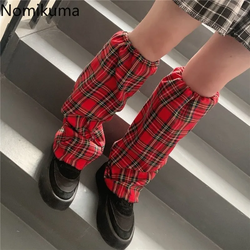 Women Red Plaid Sweet Leg Warmer Y2K Style Lady Patch Streetwear Fashion Foot Sleeve Harajuku PU Strap Korean Summer Socks 2024