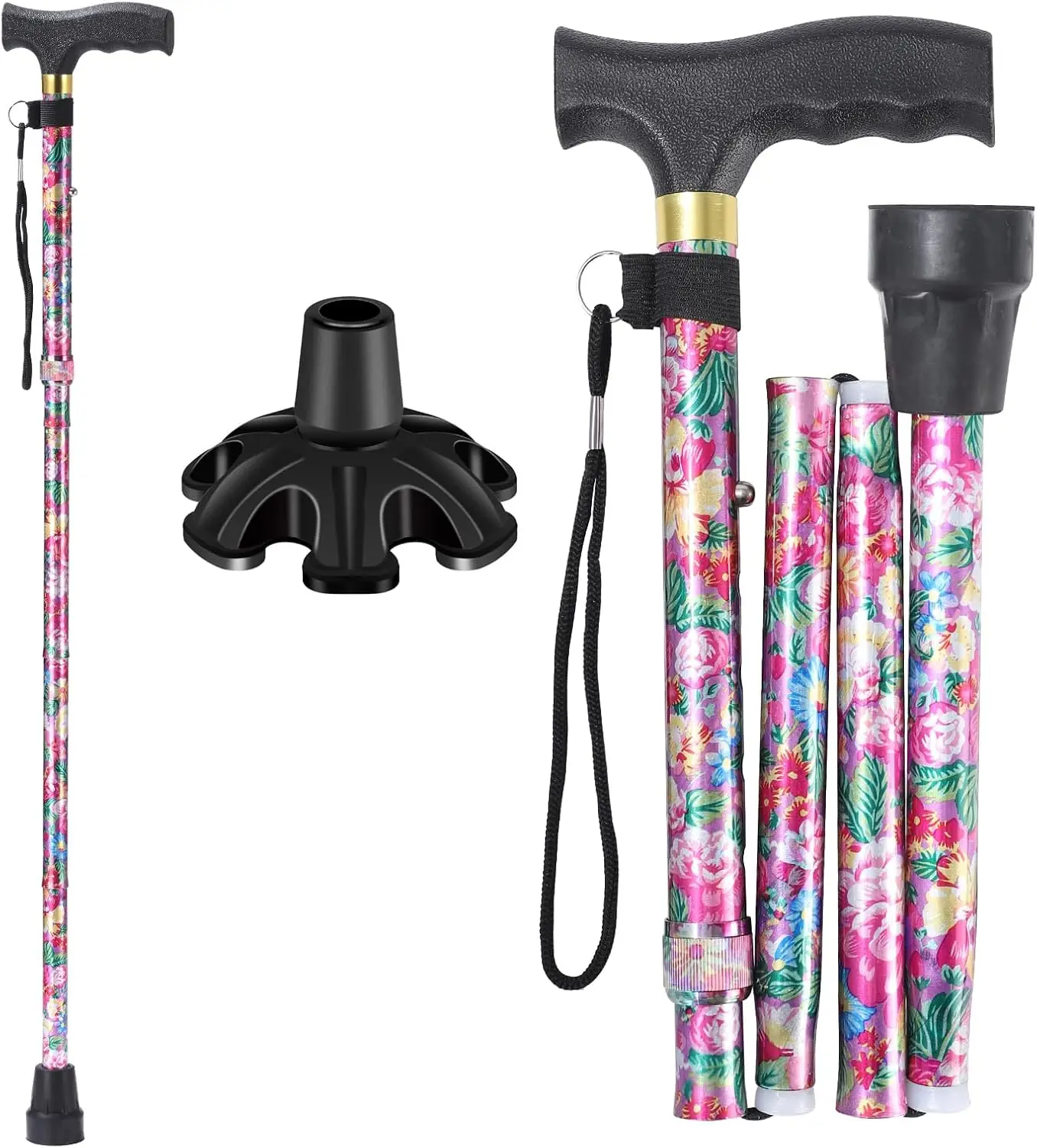 

5-Level Adjustable Folding Walking Cane for Women, Lightweight Aluminum with T-Handle and Non-Slip Tip, Purple Floral