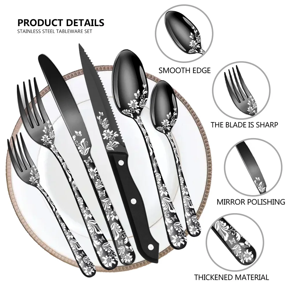 24Pcs Flatware Set Stainless Steel Dinnerware Cutlery Set Black Knife Fork Spoon Kitchen Tableware Set Drop Shipping