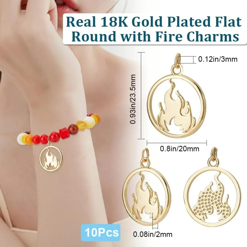 10Pcs Fire Charms 18K Gold Plated Flat Round with Fire Fireplace Pendants Dangle Charms with Jump Ring for Jewelry making kit