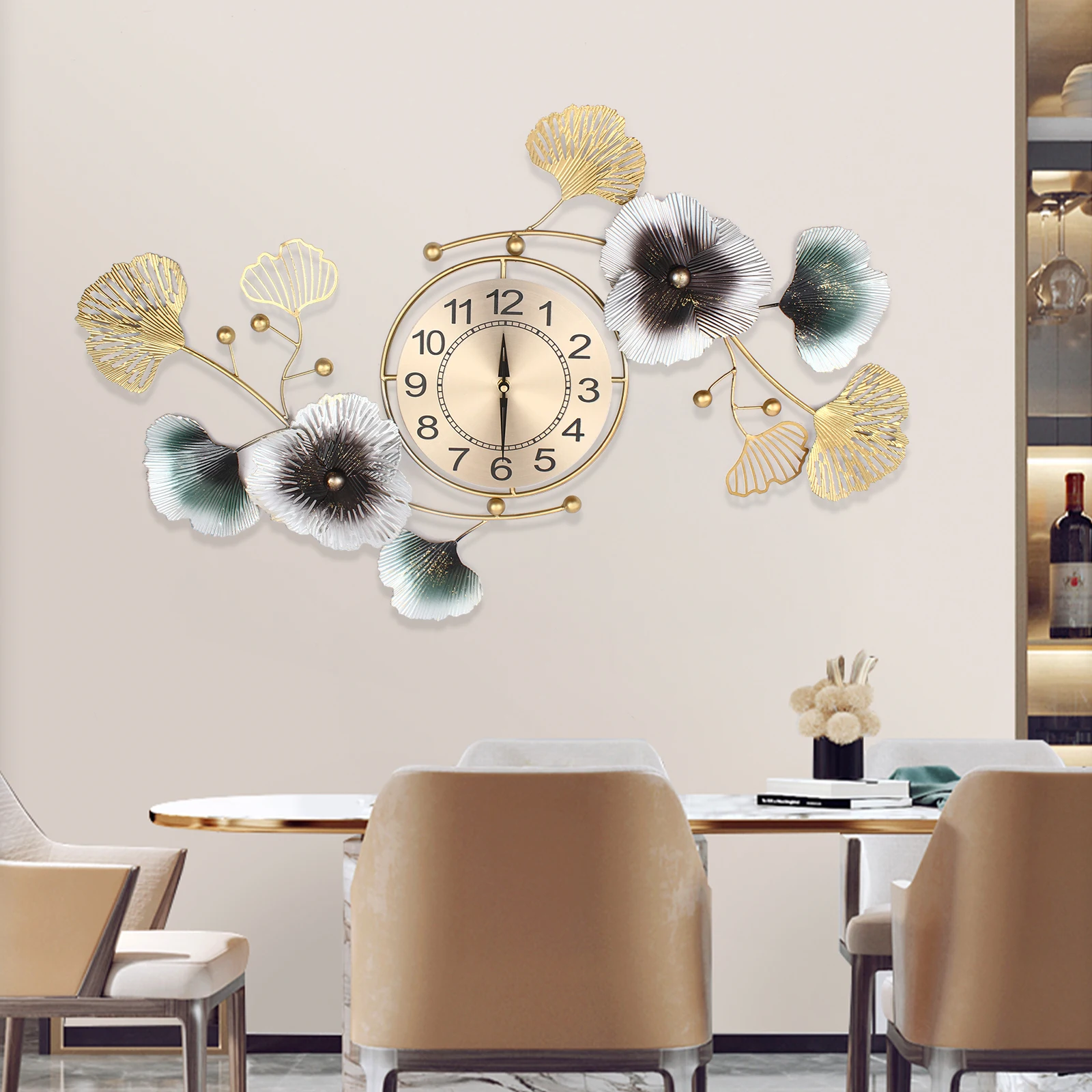

90*45 Cm Large Metal Wall Clock Ginkgo Leaf Quartz Movement Wall Watch Home Decor Battery Powered for Living Room/hallway/office