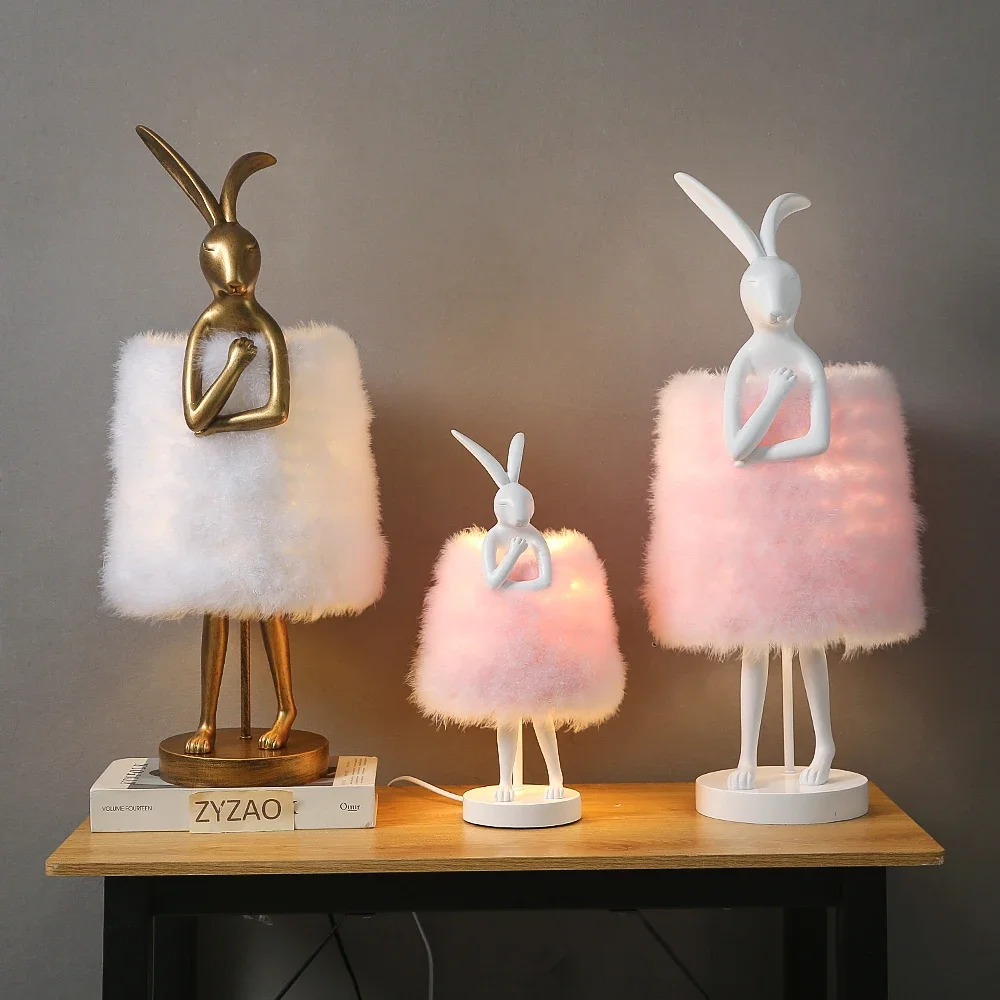 

Nordic Pink Feather Rabbit table Lamp Cute Resin beside desk Lamp for girl room decor Gift Decor LED Bedroom Designer lamps