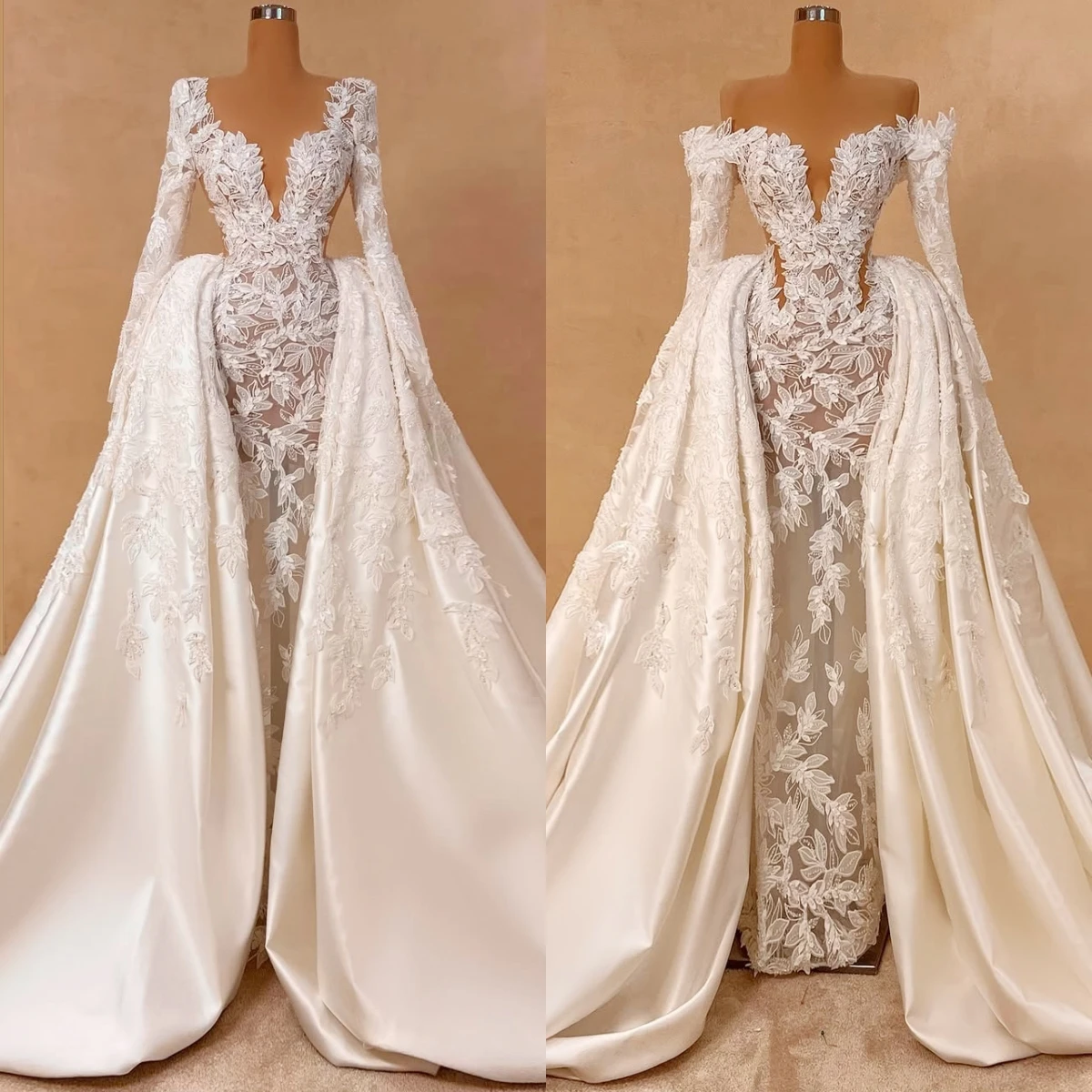 2 Styles Elegant Illusion Mermaid Wedding Dress Off Shoulder Lace Applique with Removable Satin Train Wedding Bridal Gown 2025