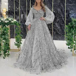 Women Evening Dress Evening Dresses V-Neck A-LINE Long Sleeved Floor-Length Chiffon 2023 New of Formal Evening Prom Dress Women