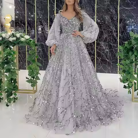 Women Evening Dress Evening Dresses V-Neck A-LINE Long Sleeved Floor-Length Chiffon 2023 New of Formal Evening Prom Dress Women