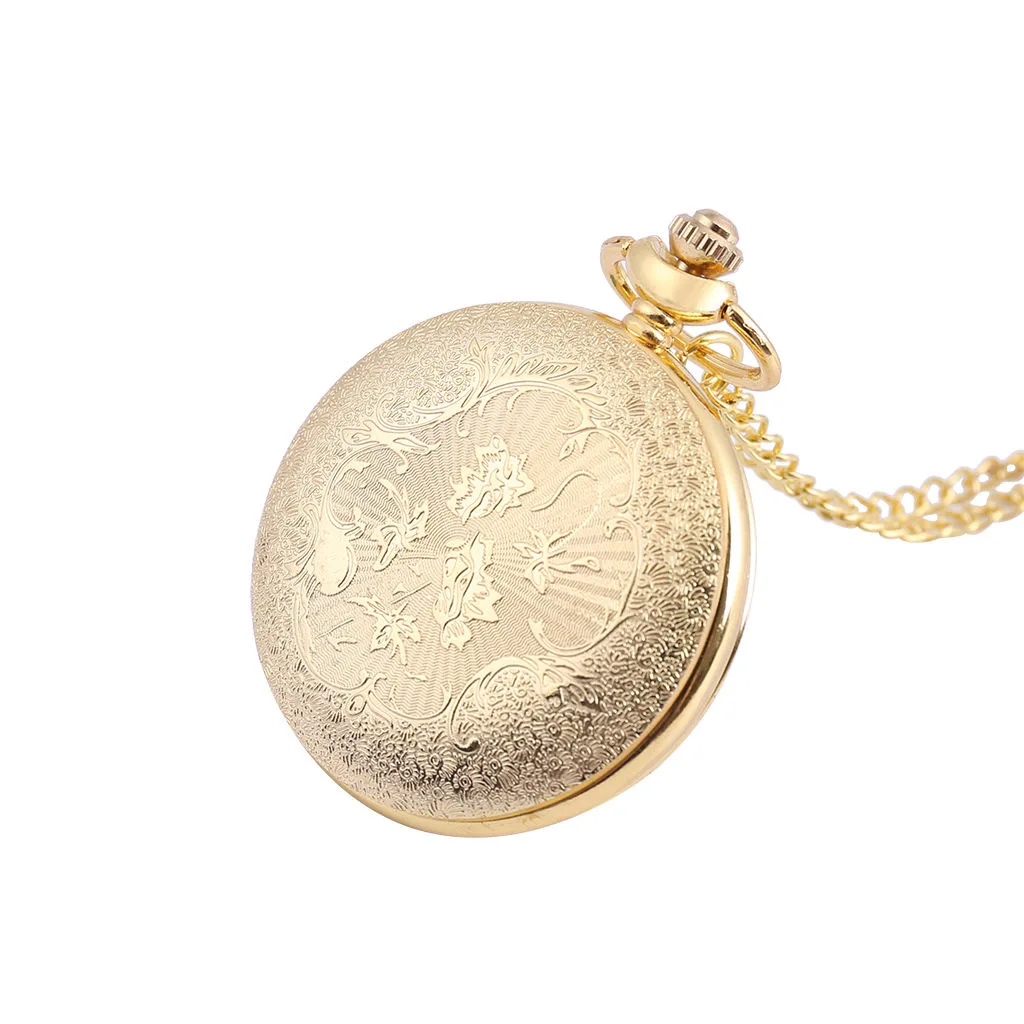 Reloj de bolsillo de cuarzo plateado de lujo Vintage para hombres y mujeres, flor grabada con láser, diamante, cadena Fob, regalos, collar, Relojes