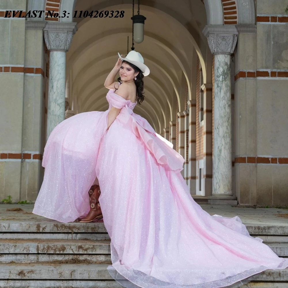EVLAST Aangepaste Glanzende Roze Quinceanera Jurk Baljurk Applique Kralen Crystal Tiered Bow Sweet 16 Vestido De 15 Anos E3Q312