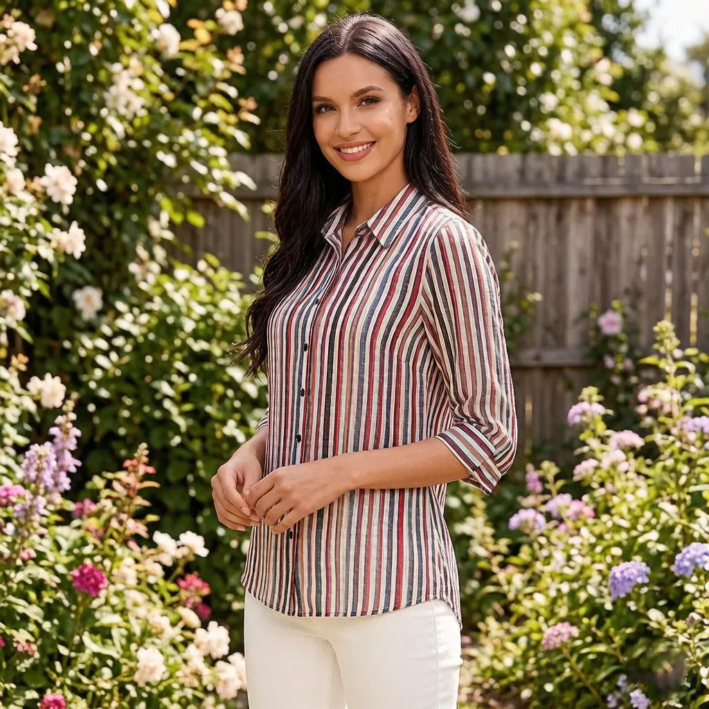 

Women Multi Color Striped Blouse Shirt with Roll Up Sleeve Button Down Collar Casual Loose Fit Summer Office Top