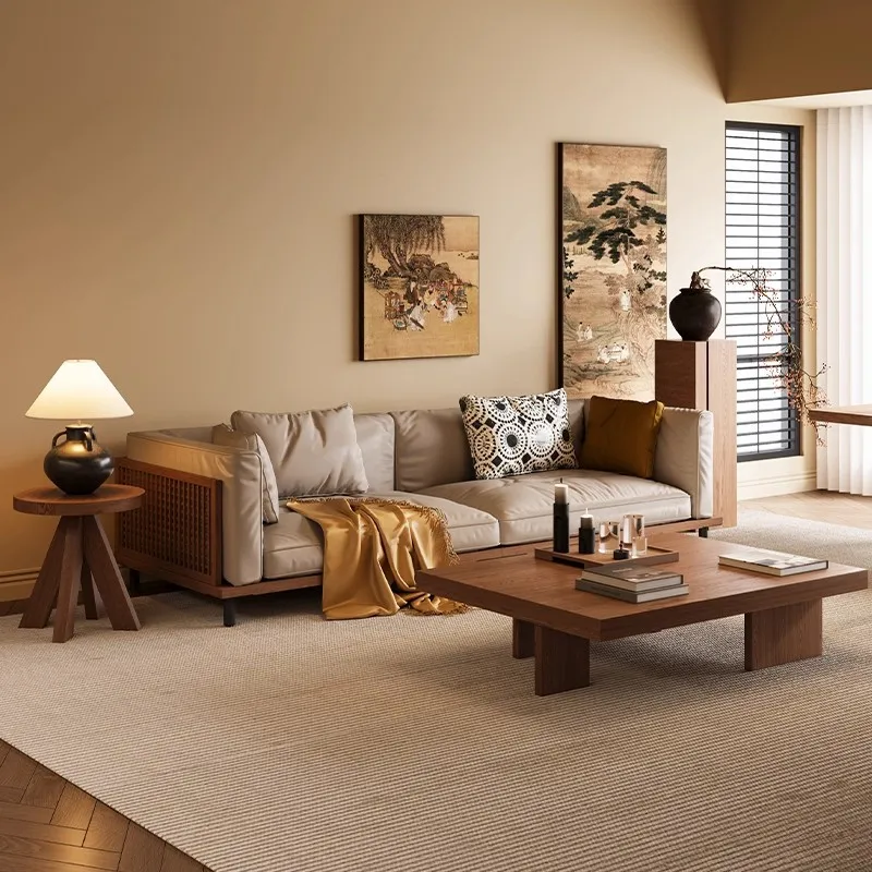 Modern vision wabi sandy wind simple solid wood straight row fabric sofa coffee table combination living room home 2025 new