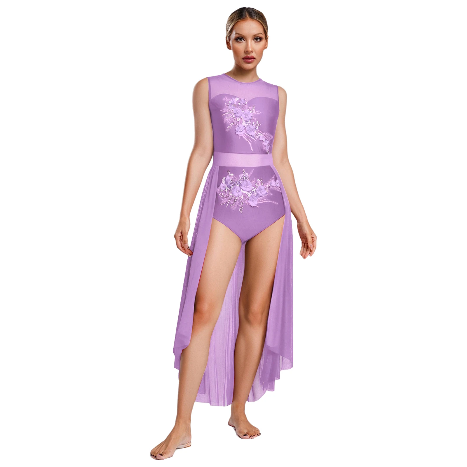 

Womens Gymnastics Modern Dance Dress Round Neck Sleeveless Applique Flower Embroidery Dress Lyrical Ballet Performance Dancewear
