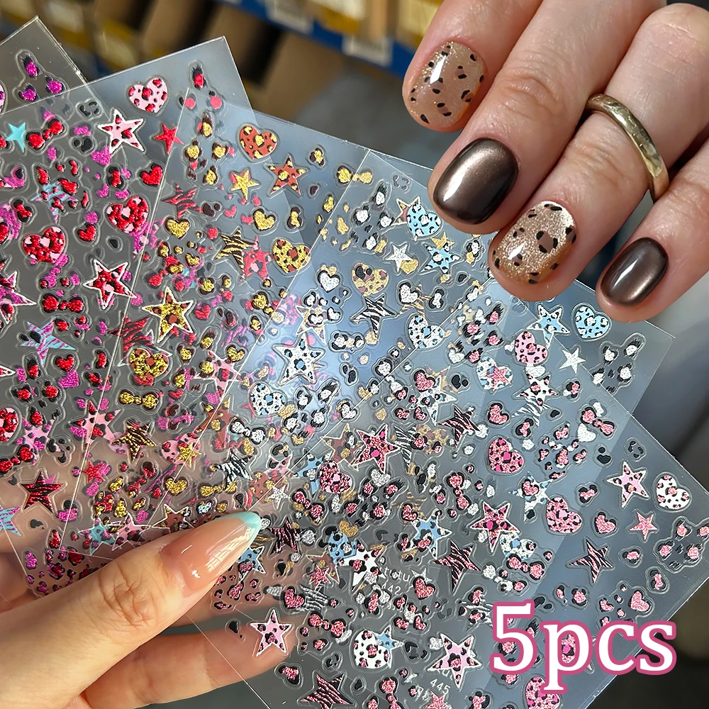 5 pçs colorido glitter leopardo impressão arte do prego adesivos estrela coração leopardo ponto rosa vermelho marrom decalques de unhas adesivo sexy sliders