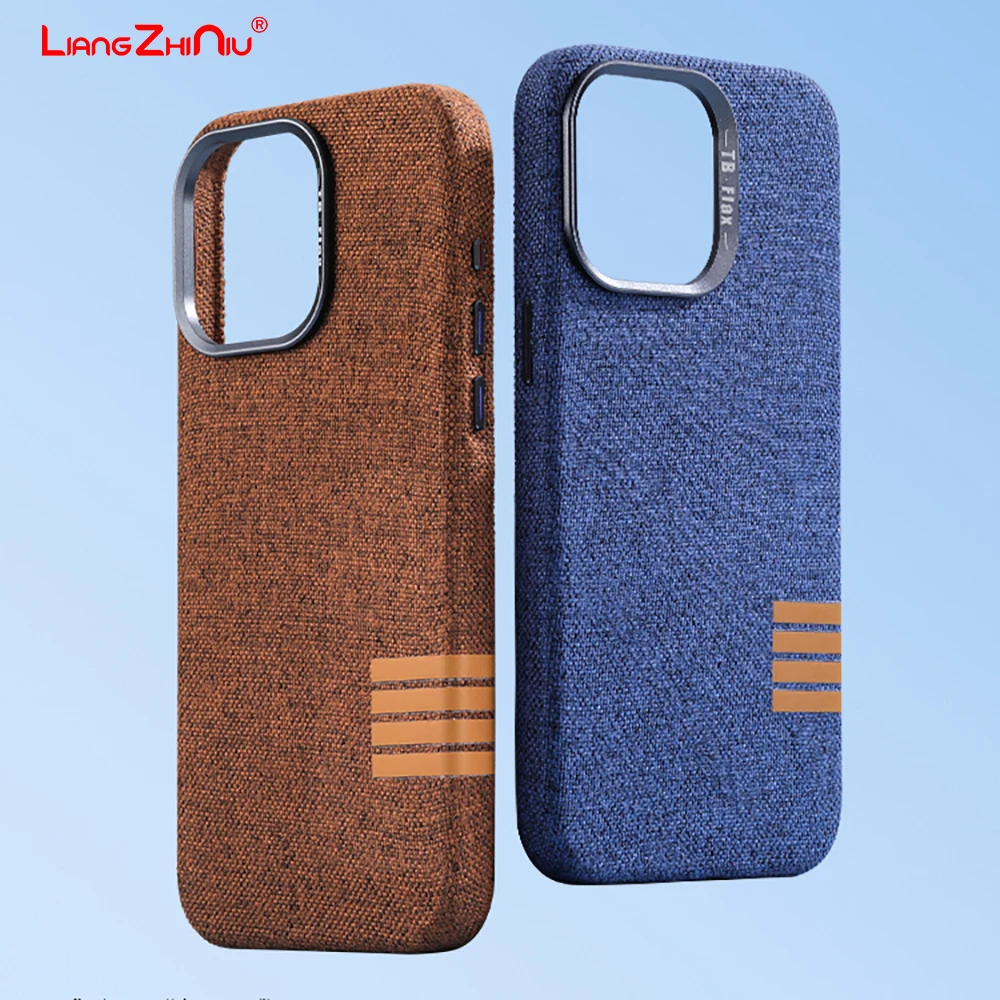 For Apple16pro Iphone15 14 13 12 Phone Case Magnetic Metal Lens Frame Skinny Linen Fabric Texture Cloth Resistant Pc Hard Case