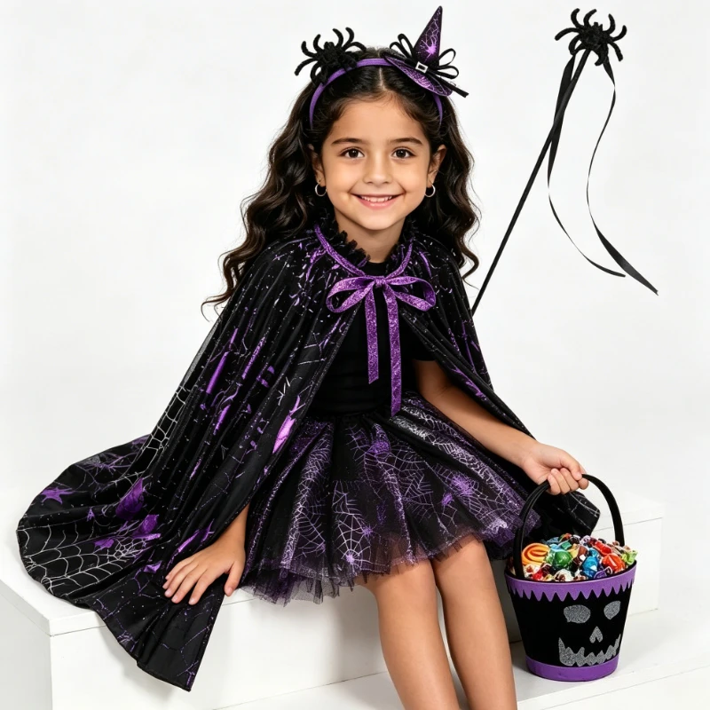 Toddler Witch Cosplay Bundle Black Purple Web Print Cloak Layered Tutu Skirt Mini Witch Headband Skull Treat Pail Holiday Outfit view 5