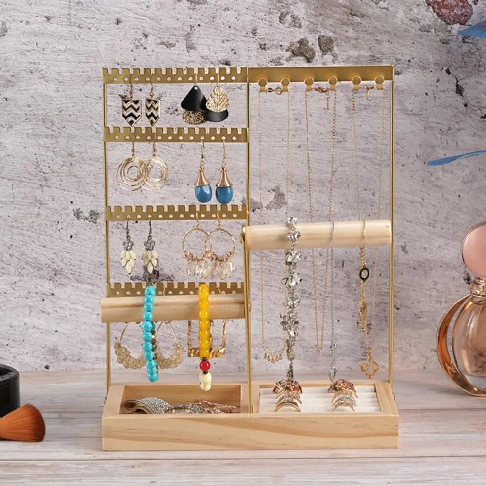 Multi-Tier Jewelry Organizer Stand with Wooden Tray Necklaces Earrings Bracelets Rings Jewelry Display Stand Shelf