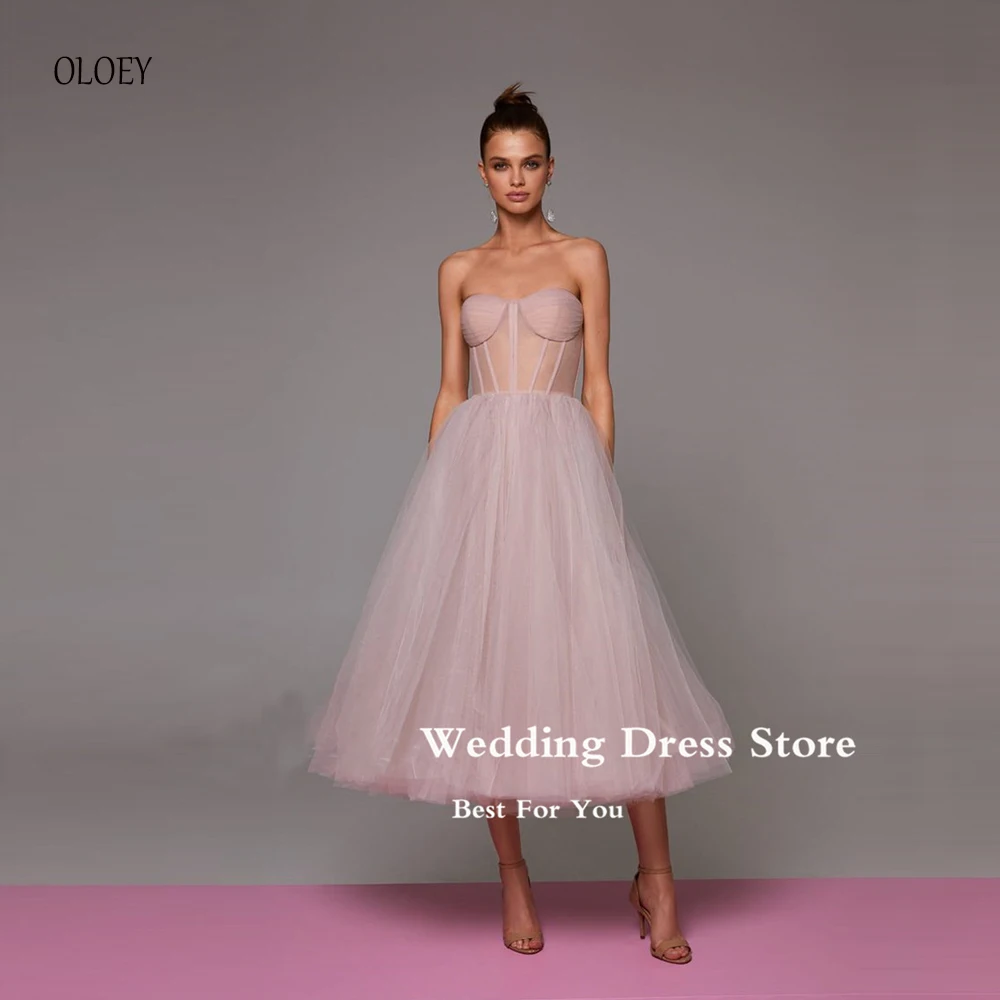 

OLOEY Elegant Pink Tulle Short Prom Dresses 2023 Transparent Corset Bustier Tea Length Midi Evening Formal Party Dress