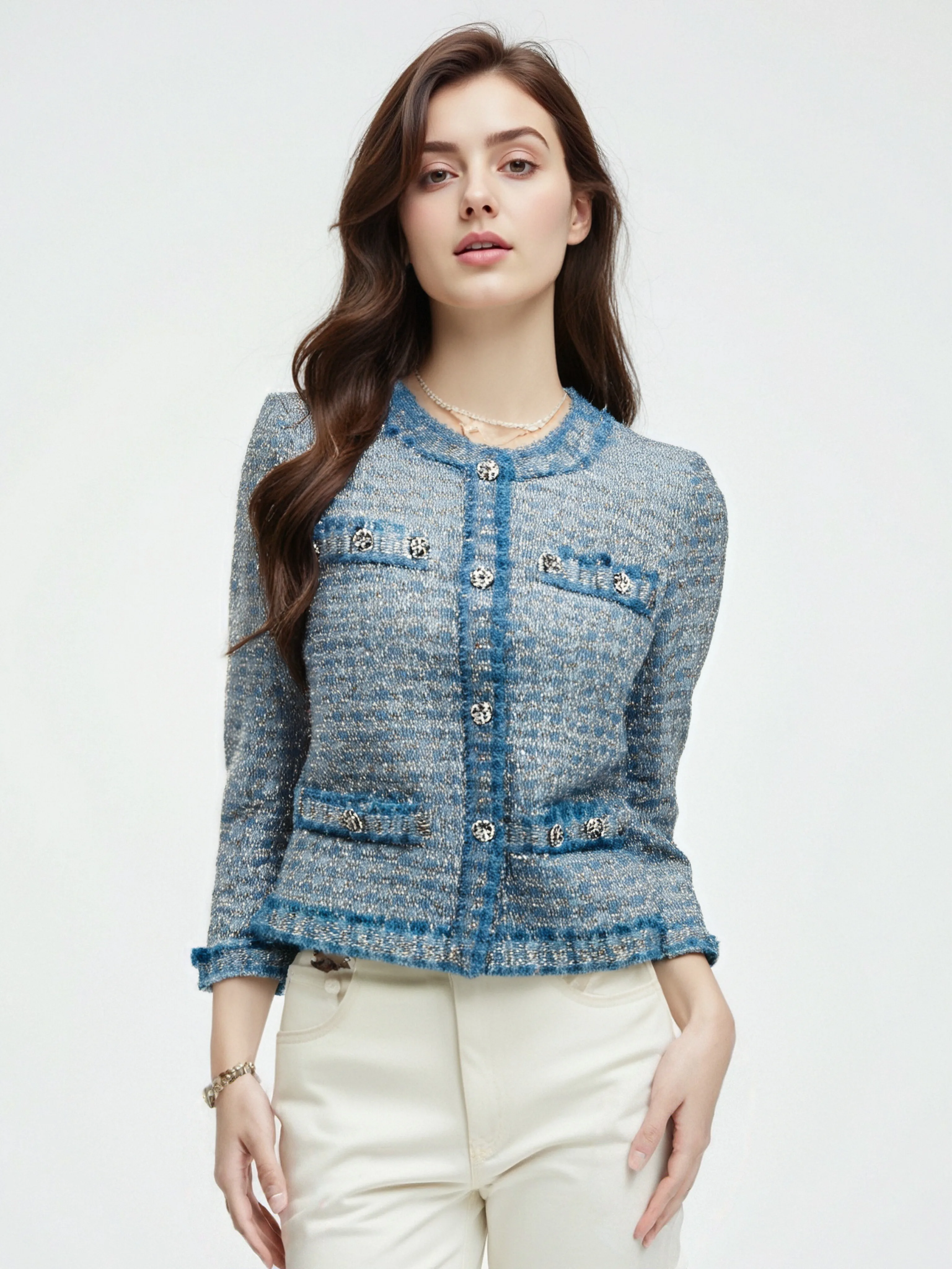 

Элегантная синяя тканая шерстяная куртка Изысканный модный высококачественный небольшой ароматный стиль Грубый цветочный темперамент Светский дизайн