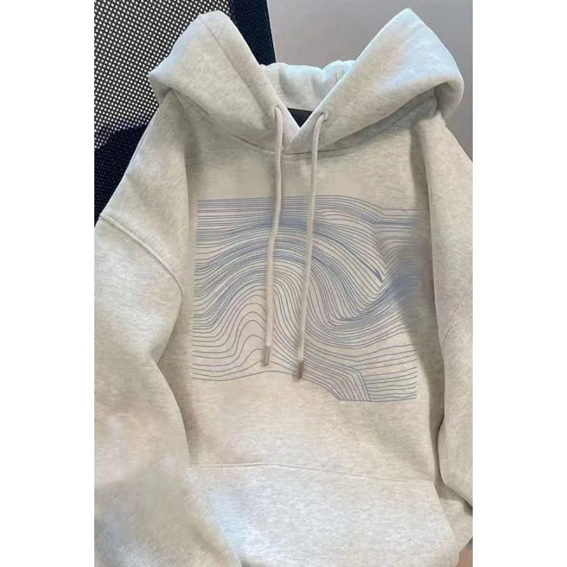 American High Street Abstract Line Print Hoodie Unisex Autumn Winter Fleece Thick Couple Outerwear