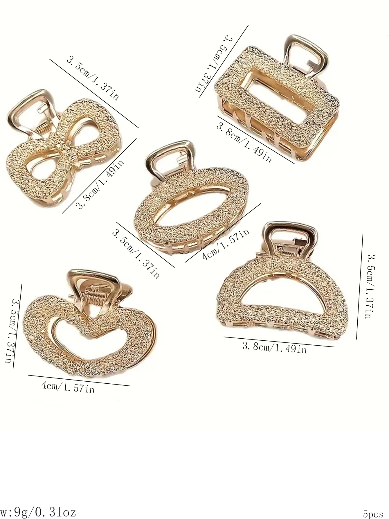 Garra de cabelo de diamante esmagado, 5 peças de metal dourado multi-versão tamanho médio cor sólida retrô diário acessório de cabelo meio-up