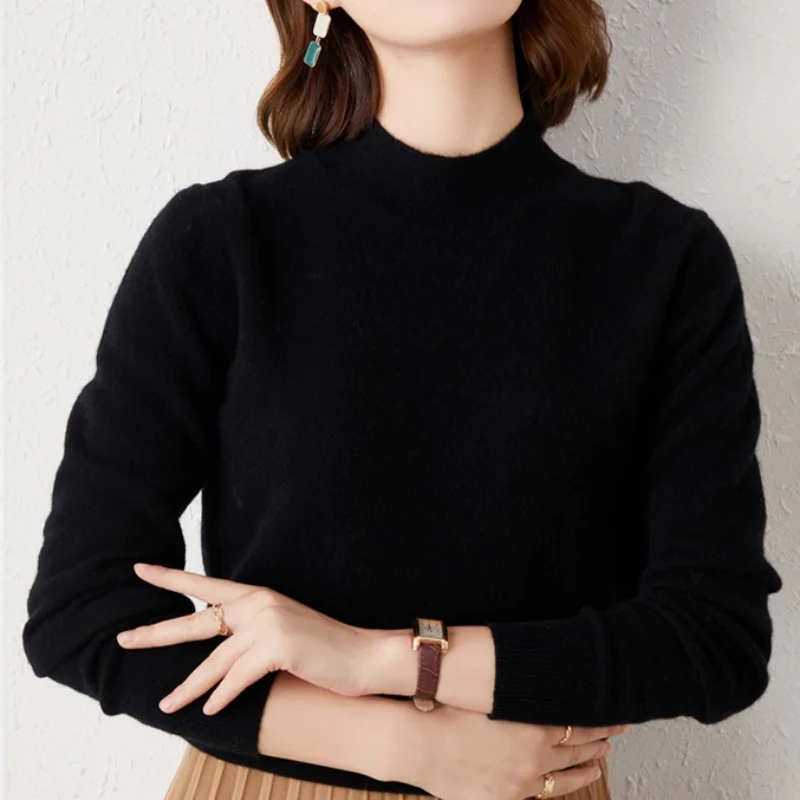 2025 Winter Half Hoge Kraag Elegante Gebreide Tops Herfst Lange Mouw Effen Slanke Vrouwen Trui Casual Trui Truien