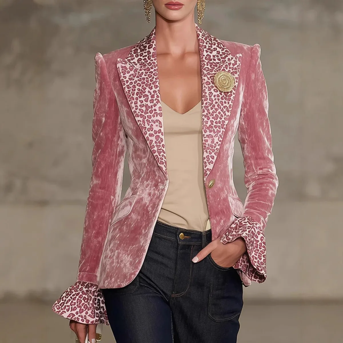 Femmes velours Blazer imprimé léopard revers manchette simple bouton costume veste élégant manteau d'extérieur femme printemps/automne hauts à la mode