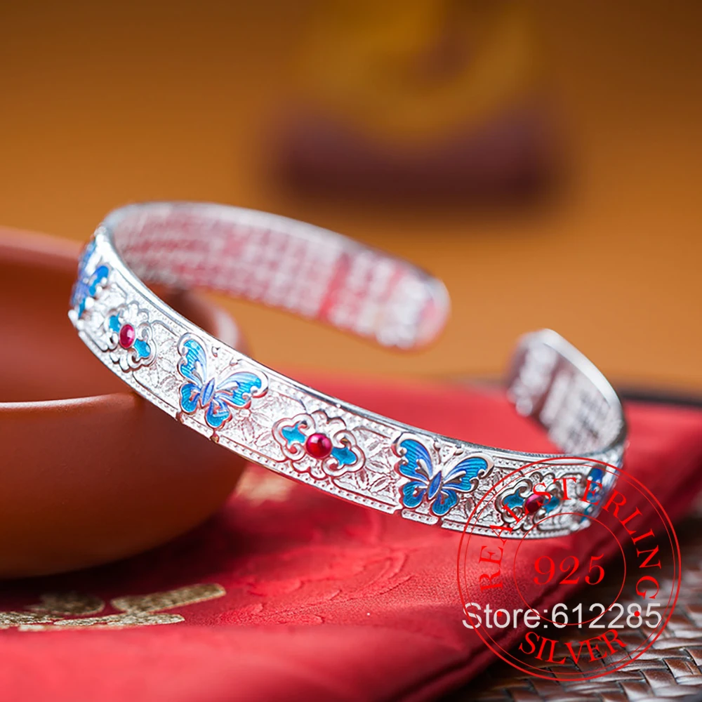 925 Sterling Silver Jewelry Luxury Blue Butterfly Cuff Bangles Bracelets for Women Wedding Party Jewelry For Girls Friend Gift