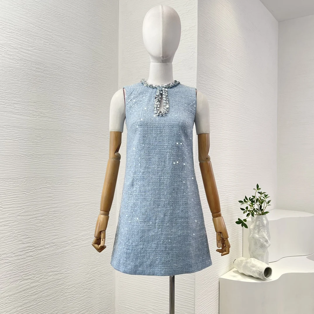 2024 New Blue White Sequined Beading Sleeveless Mini Dress Foe Women