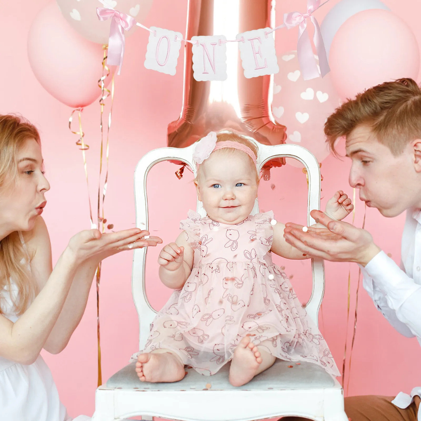 Bow High Chair Banner Pink Embroidered First Birthday Tassel Garland for One Year Old Celebrations Birthday Highchair Decoration