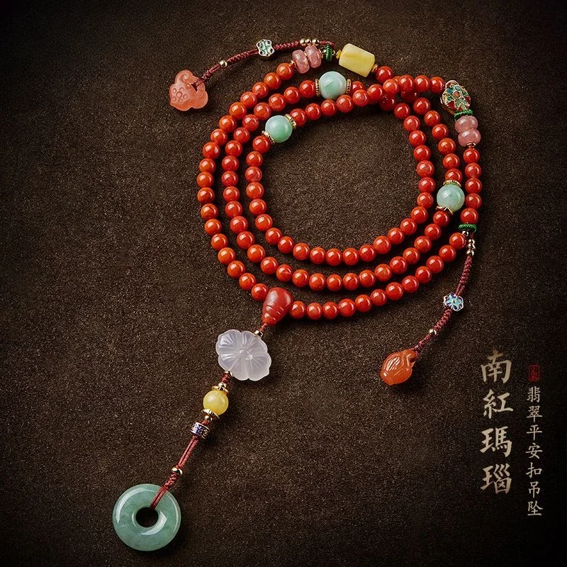 UMQ Natural South Red Agate Sweater Chain Jadeite Jade Safety Buckle Pendant 108 Beads Lucky Beads Ornaments