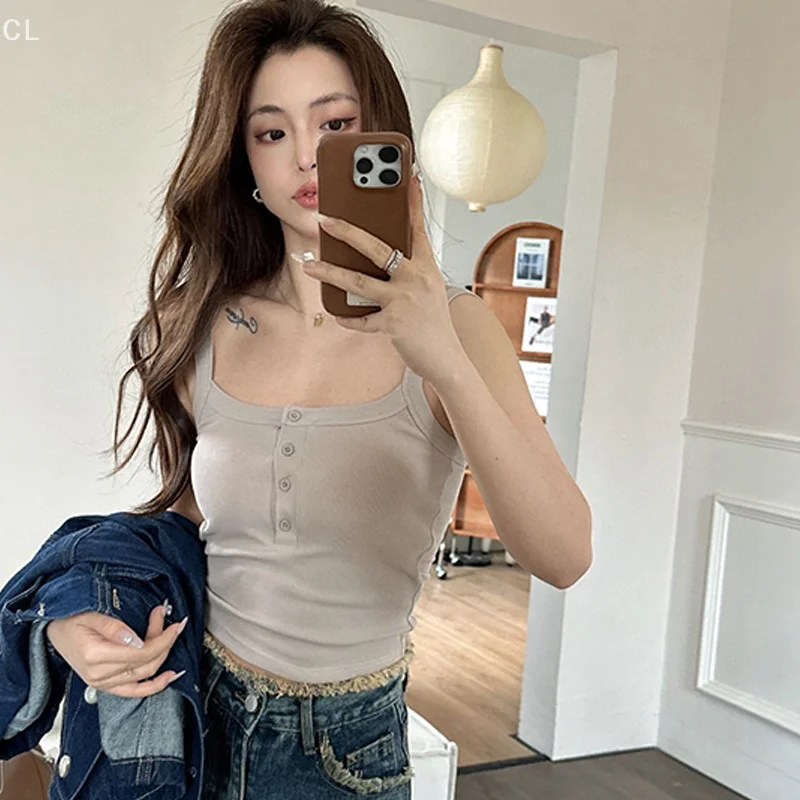 

Women Solid Color Front Buttoned Casual Summer Sleeveless Tops With Chest Pad