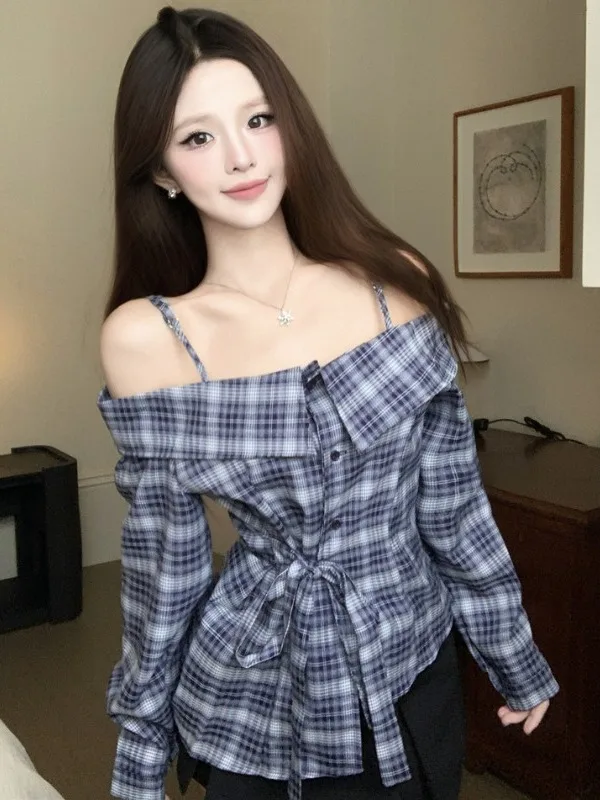 

Sexy Pure Desire Plaid Long Sleeve Shirt with Belt Knot Asymmetrical Design French Style Knitted mid Waist for Citywalk