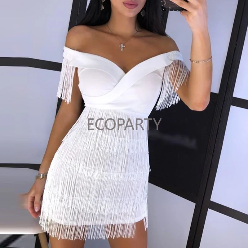 

Vestidos Elegantes Prom Evening Party Wear Women Sleeveless Bodycon Dress Summer Fringe Tassel White Dresses 2022 Sun Dress