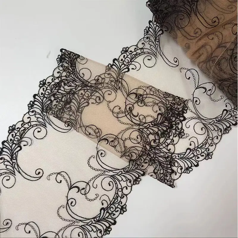 32Yards High Quality Fashion 21cm wide Embroidered Flower Black mesh Lace trim for women lingerie underwear