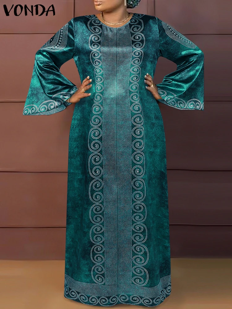 Sukienka maxi w stylu vintage VONDA 2026 dla kobiet plus size, boho, z nadrukiem, elegancka, rozkloszowana, z długim rękawem, luźna, codzienna, typu robe, vestido.