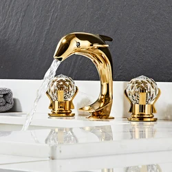 3Pcs Golden Bathroom Basin Faucet Crystal Handle Widespread Hot Cold Water Mixer Tap dolphin Bathroom Faucet Crane torneiras