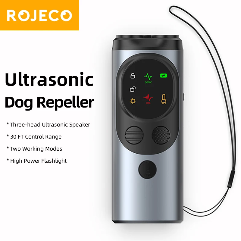 ROJECO Ultrasonic Dog Repeller Anti Barking Training Device USB Rechargeable High Power Dog Repeller Trainer With LED Flashlight