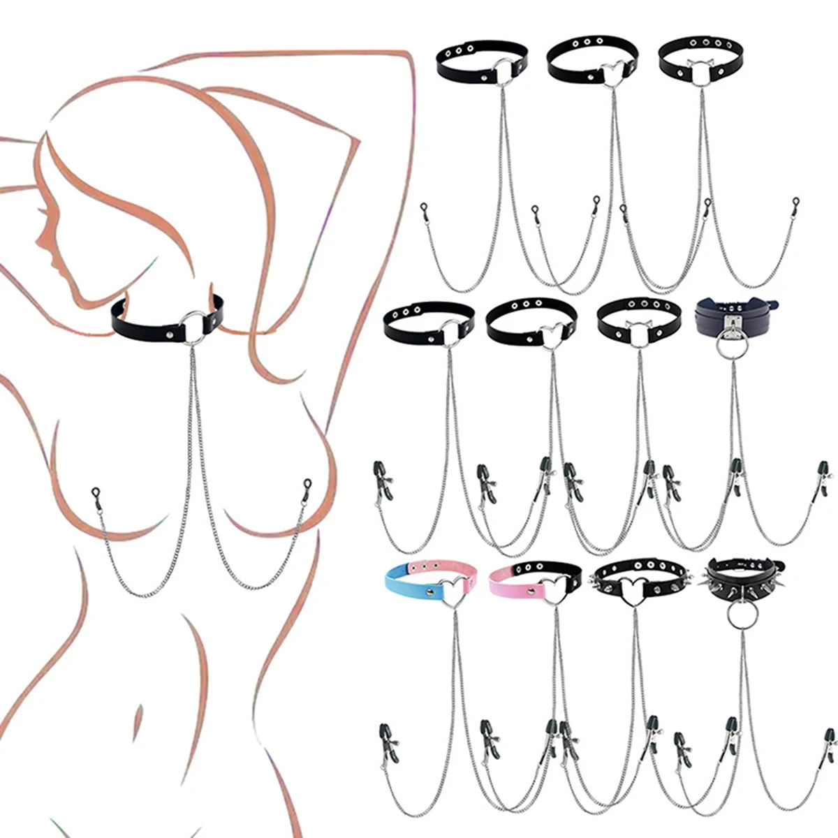 امرأة الحلمة المشبك طوق المقود BDSM عبودية مجموعات الالعاب الجنسية مثير Chocker سلسلة الصدرية كليب مجموعة قابل للتعديل الشرير ثقب المجوهرات