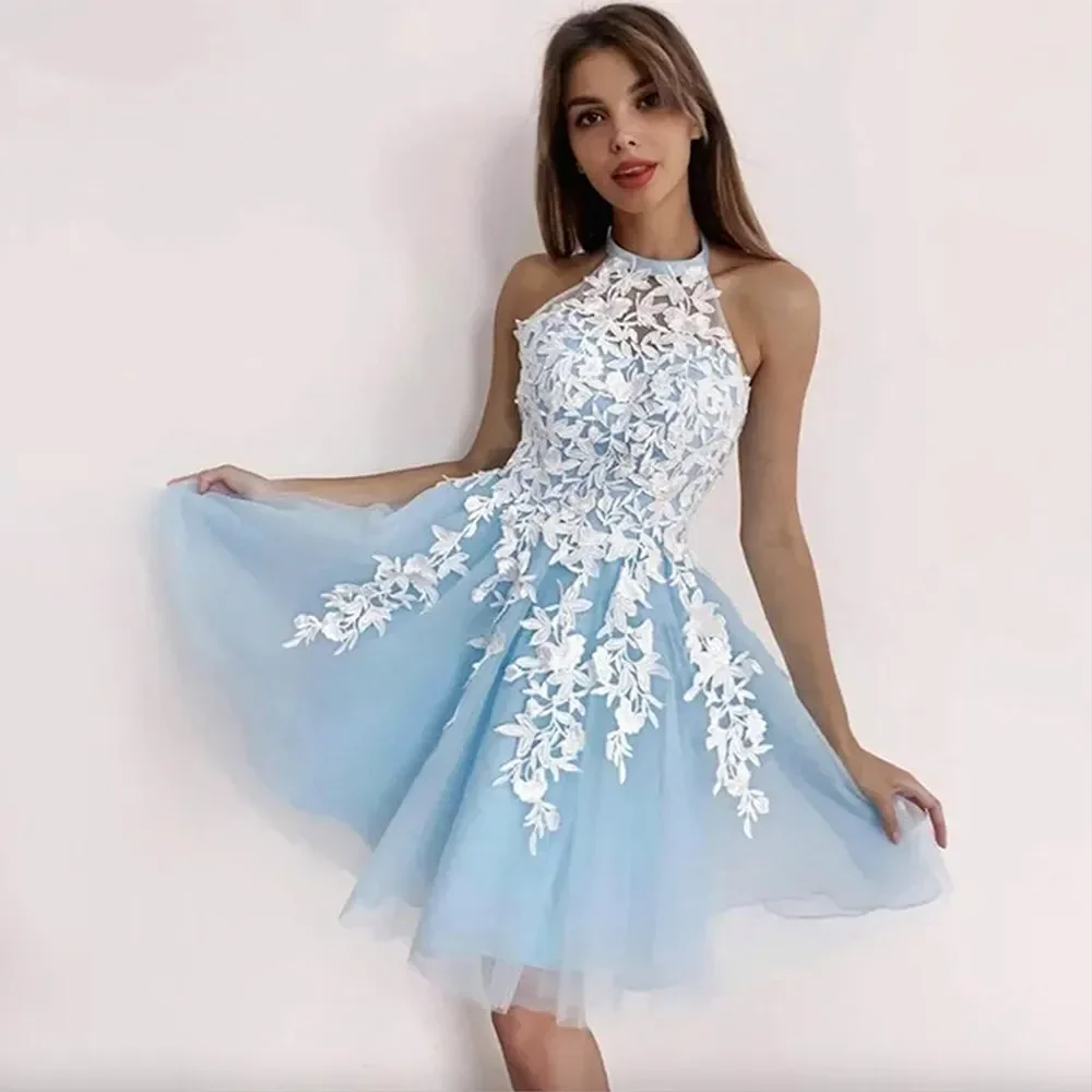 Sexy A-line tulle Homecoming Dress White lace Decal hanging Lead Graduation Party Short A-line Princess Party PROM Dress