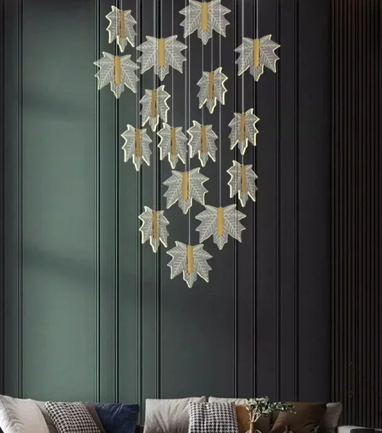 Modern Maple Leaf Staircase Long Pendant Lamp Light Luxury Duplex Villa Living Room Hollow Chandelier Home Decor Lustre Fixtures
