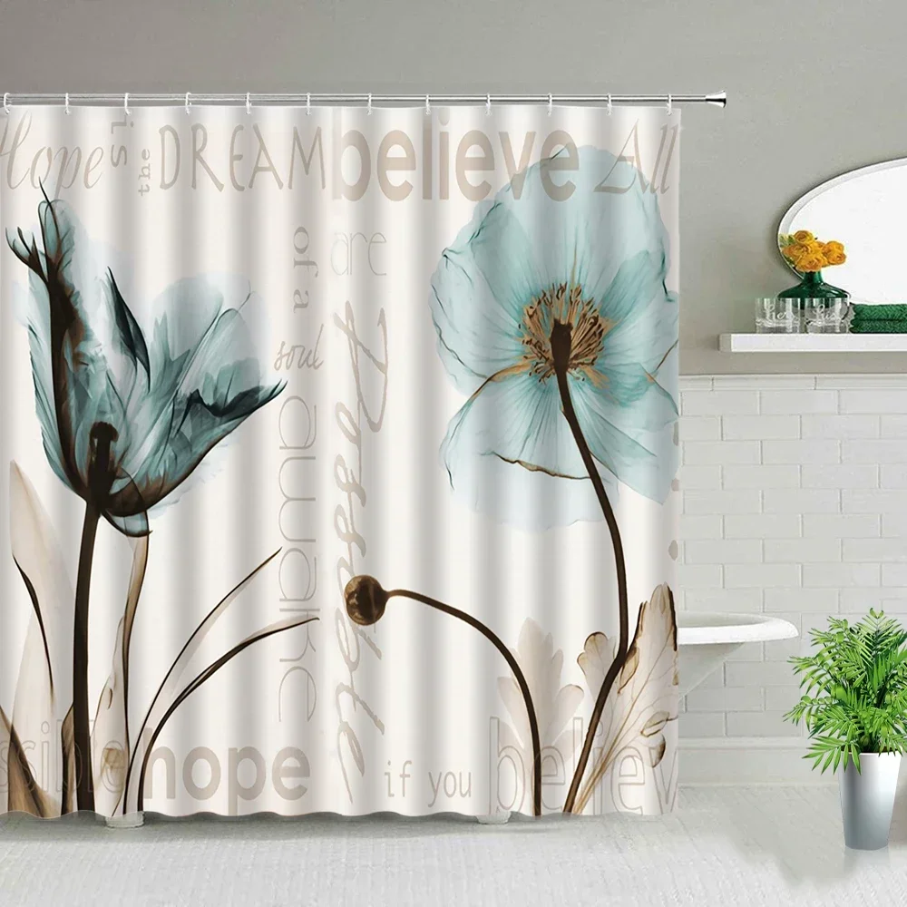 Shower Curtains Flowers White Background Pring Floral Plant Creative Art Waterproof Fabric Bathroom Decor Screens set With Hooks