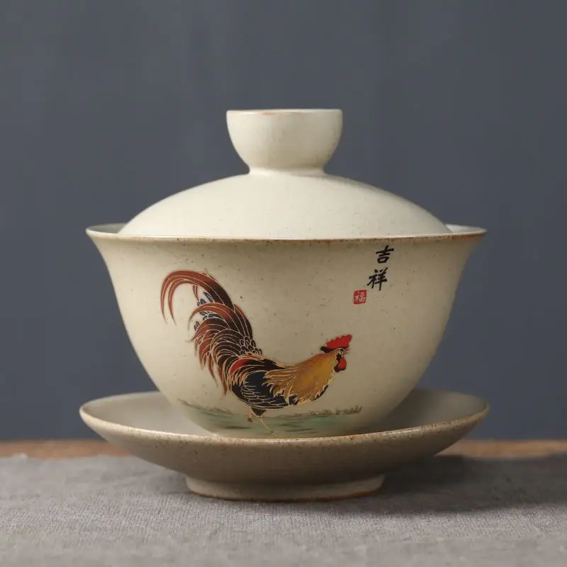 Vintage Auspicious Handmade Coarse Pottery Golden Rooster Cup with Sancai Gaiwan Single Anti Scald Kung Fu Tea Brewing Bowl