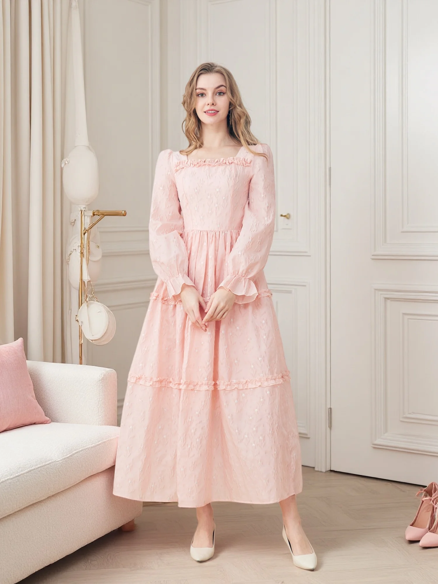 French Vintage Floral Midi Dress - DEVCHATA プラスサイズ レディース フレンチ ヴィンテージ スクエアネック