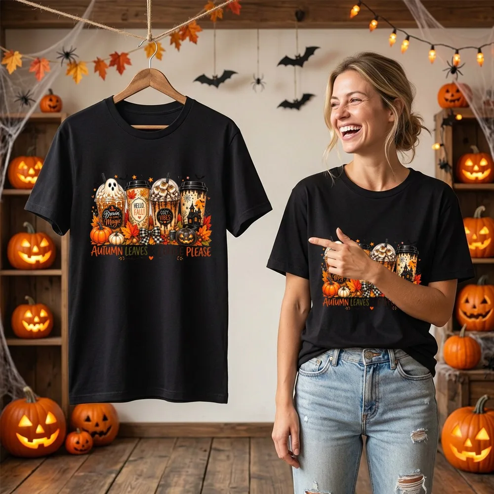 Autumn Leaves Coffee Please Halloween Women Cotton Short Sleeve TShirt Fall Pumpkin Spice Ghost Spooky Graphic Loose Fashion Tee