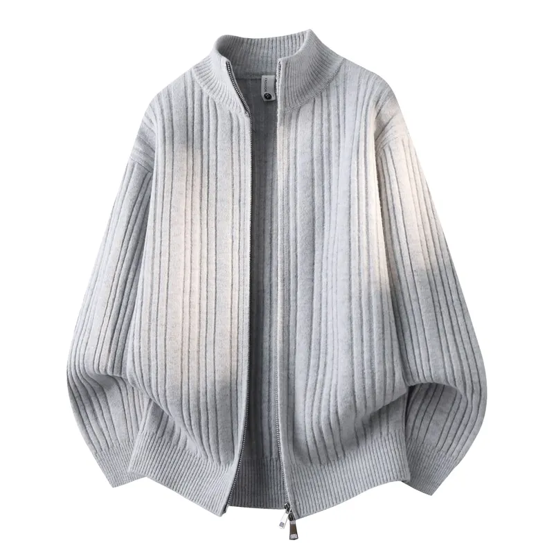 Trendy Men's Open Shirt Autumn Winter Acrylic Blend Vertical Stripes Knit Sweater Long Sleeve Minimalist Urban Fashion Casual