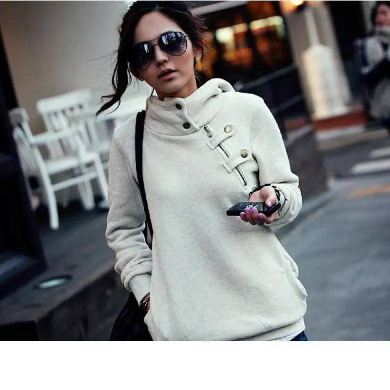 2024 Spring Autumn Arrival Womens Hoodies Long Fashion Chic Slanting Zipper Decorated Moleton Feminino Inverno Free Shipping