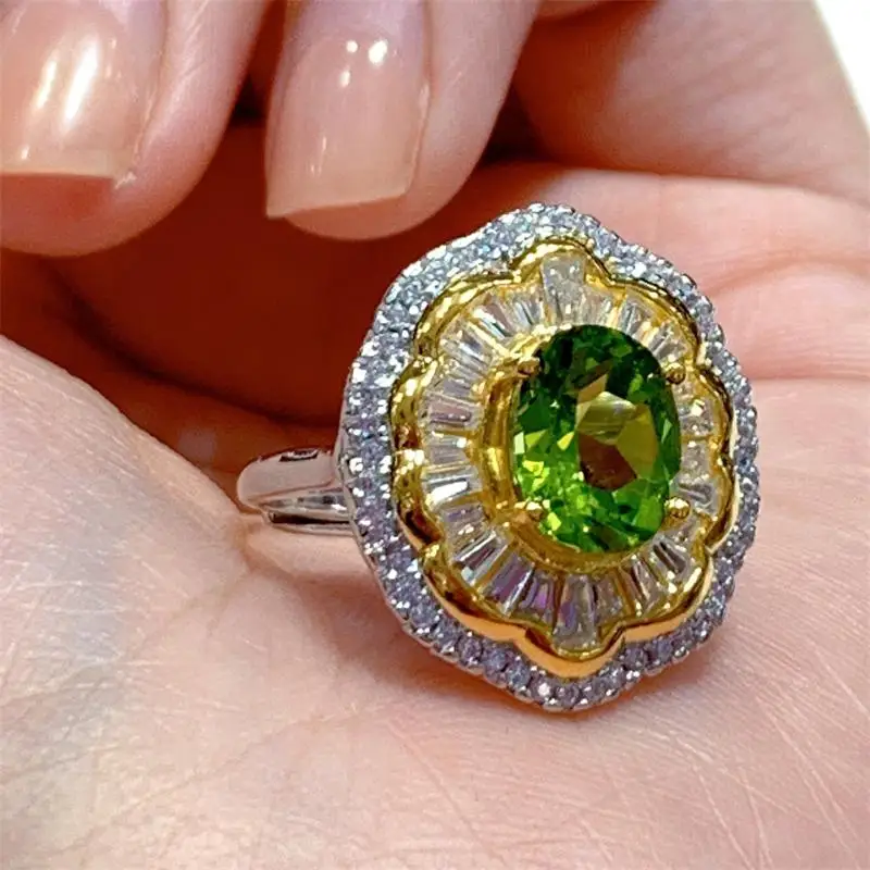 Zecaa jóias finas mulher anel de peridoto com pedra preciosa de peridoto natural 7*9mm prata vintage anel de peridoto para menina senhora namoro presente