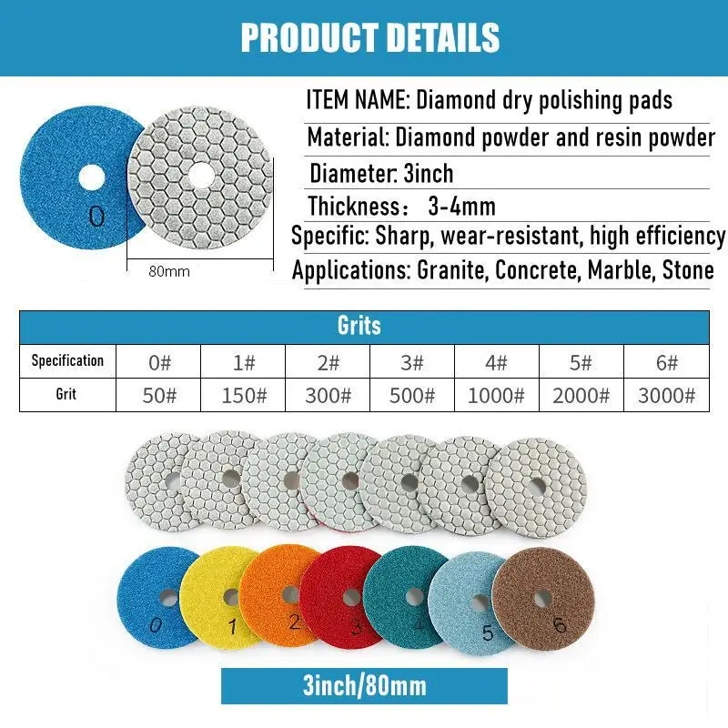 7PCS 3Inch 80mm Diamond Dry Polishing Pad Set Sharp Type Flexible Polishing Pads For Granite Marble Quartz Polisher Grit 50-3000