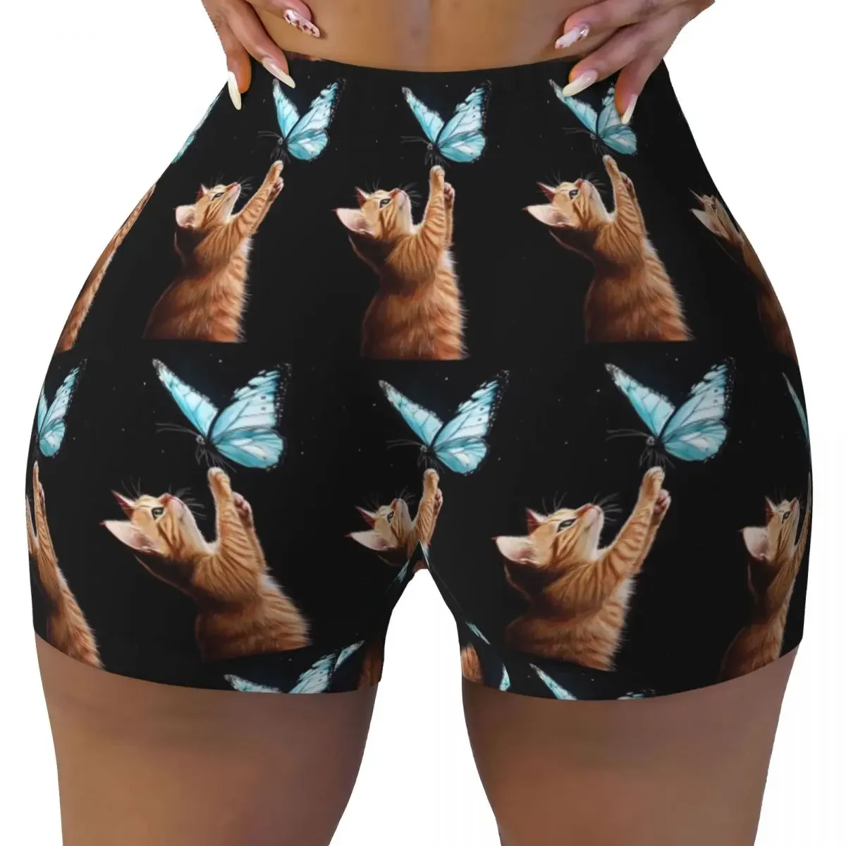 Custom Animal Cat Butterfly 5 Yoga Shorts Women Gym Workout Running Athletic Volleyball Biker Shorts