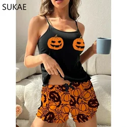 Sukae-女性用スパゲッティストラップパジャマ,ノースリーブランジェリー,タンクトップとショーツ,ハロウィーンプリント,女の子用のセクシーなナイトウェア